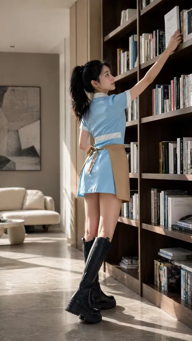 制服女生手机壁纸｜书房背景图片 - 黑色长靴「哲风壁纸」