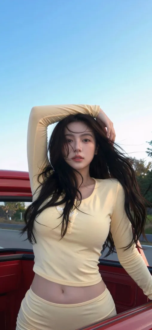 长发美女手机壁纸｜户外背景图片 - 红色敞篷车「哲风壁纸」