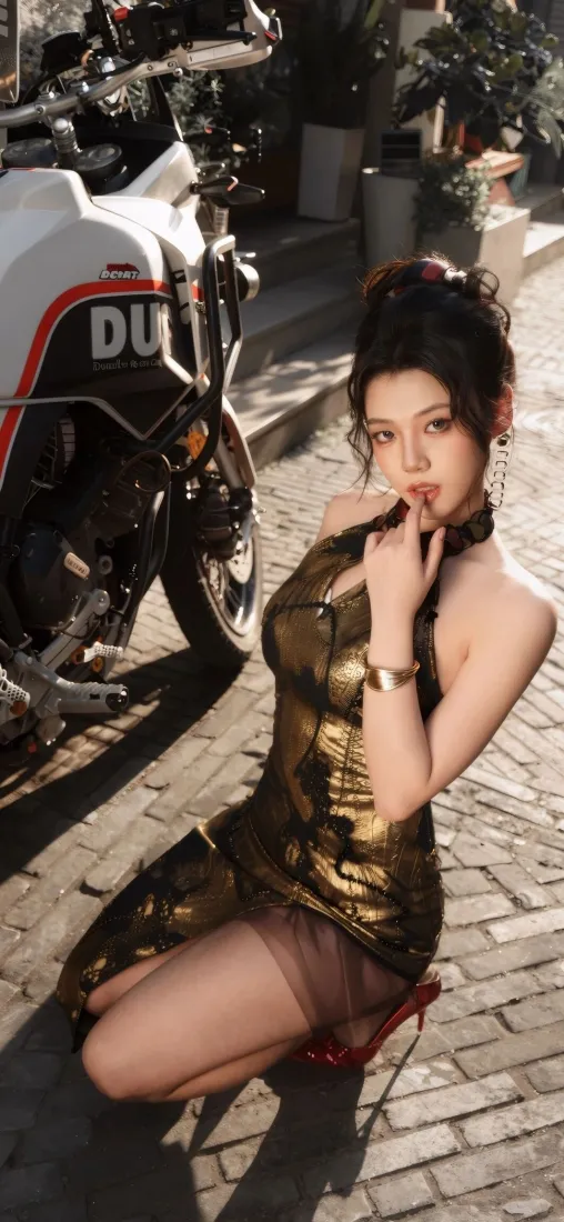 酷飒美女手机壁纸｜摩托街景背景图片 - 黑金穿搭「哲风壁纸」