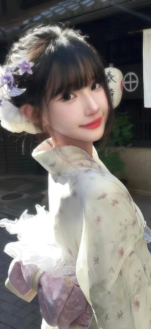 和服美女手机壁纸｜户外街拍背景图片 - 紫花发饰「哲风壁纸」