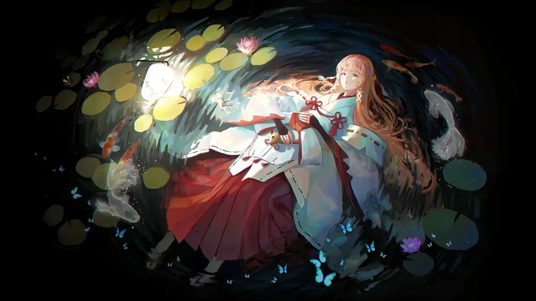 3k和服少女壁纸｜水池背景图片 - 夜晚光斑「哲风壁纸」