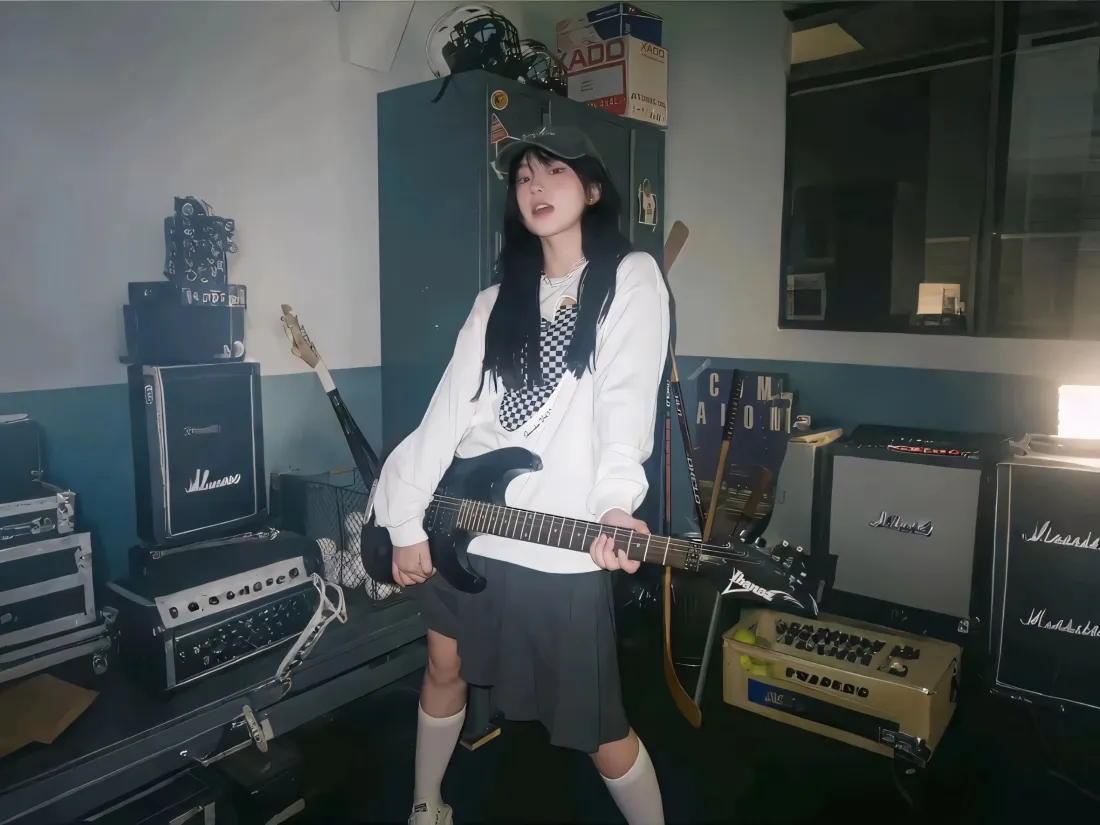 3k电吉他美女壁纸｜排练室背景图片 - 酷感少女「哲风壁纸」