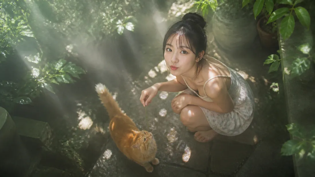 2k清新美女壁纸｜林间溪流背景图片 - 橘猫「哲风壁纸」