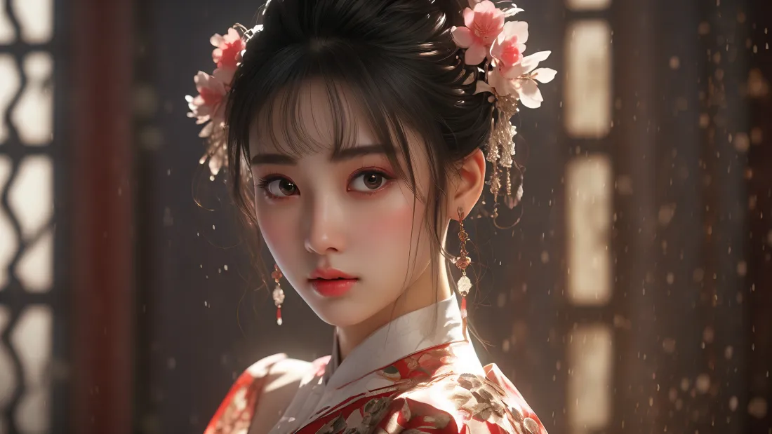 3kAI古装美女壁纸｜古风室内背景图片 - 簪花美人「哲风壁纸」