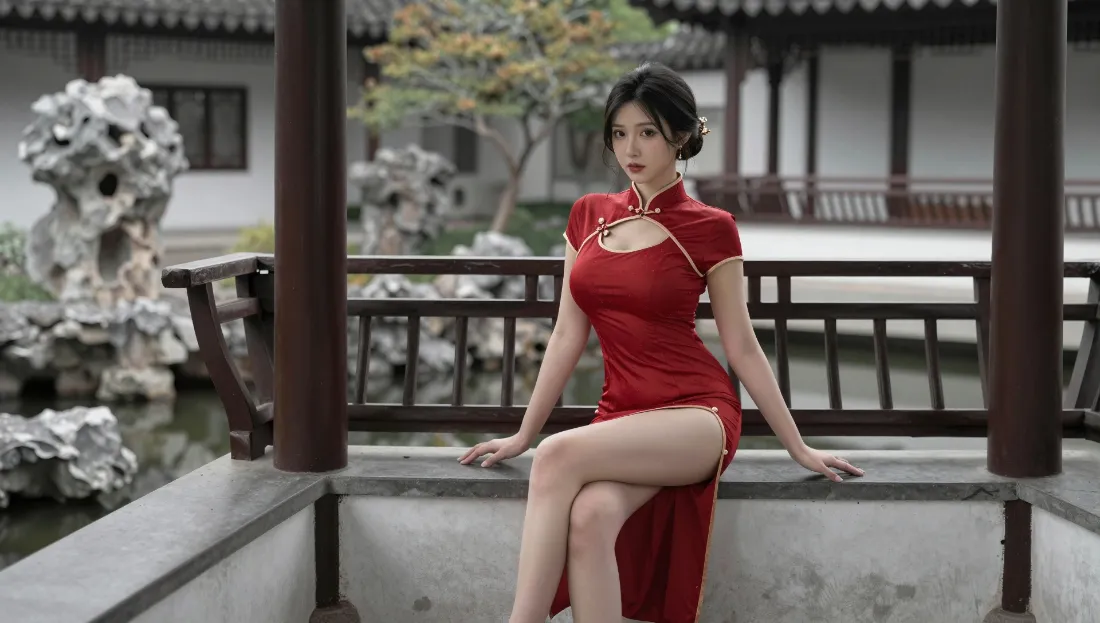 2k红色旗袍壁纸｜古风园林背景图片 - 气质美女「哲风壁纸」