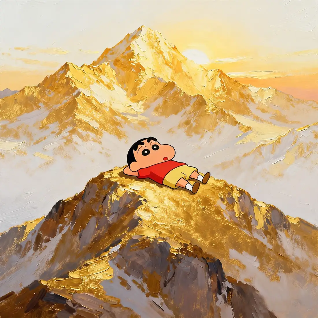 蜡笔小新手机壁纸｜日照金山背景图片 - 山顶躺卧「哲风壁纸」