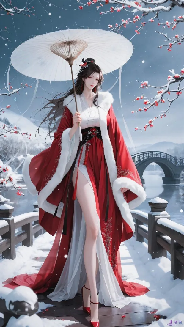 古风美女手机壁纸｜冬日雪景背景图片 - 红衣汉服「哲风壁纸」