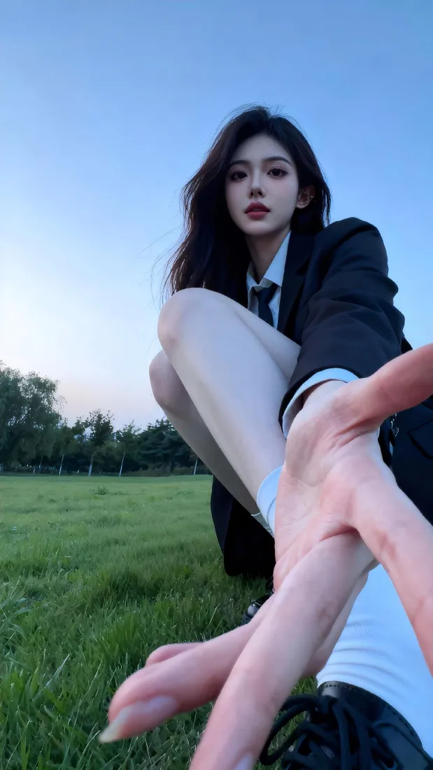 甜酷少女手机壁纸｜草坪蓝天背景图片 - 手机「哲风壁纸」