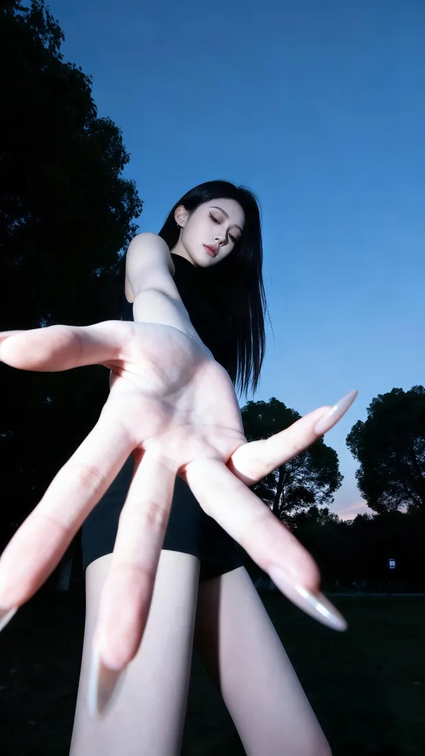 创意错位手机壁纸｜户外蓝天背景图片 - 清冷黑发美女「哲风壁纸」