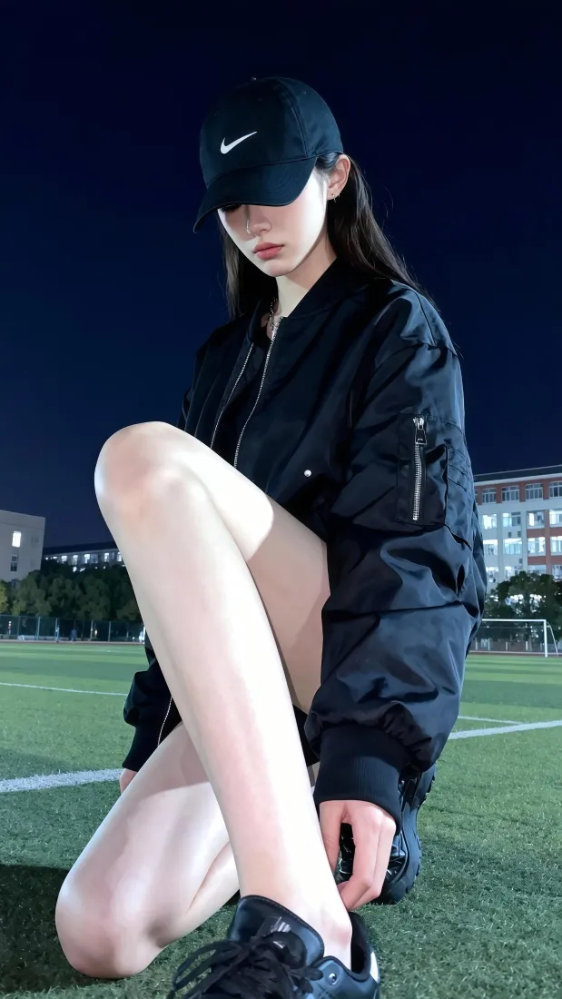 酷飒女生手机壁纸｜操场背景图片 - 夜景穿搭「哲风壁纸」