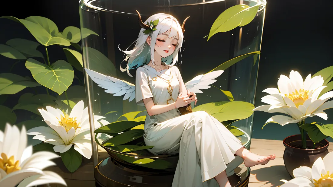 4k精灵少女壁纸｜玻璃瓶绿植背景图片 - 白莲花「哲风壁纸」