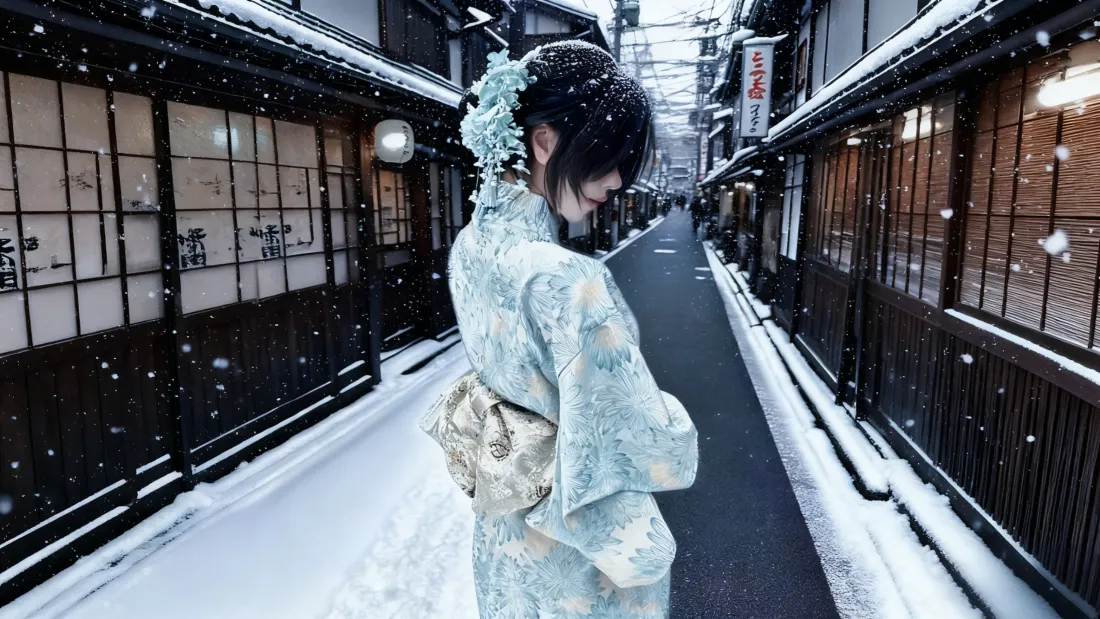3k和服美女壁纸｜雪中樱花背景图片 - 日式街巷「哲风壁纸」