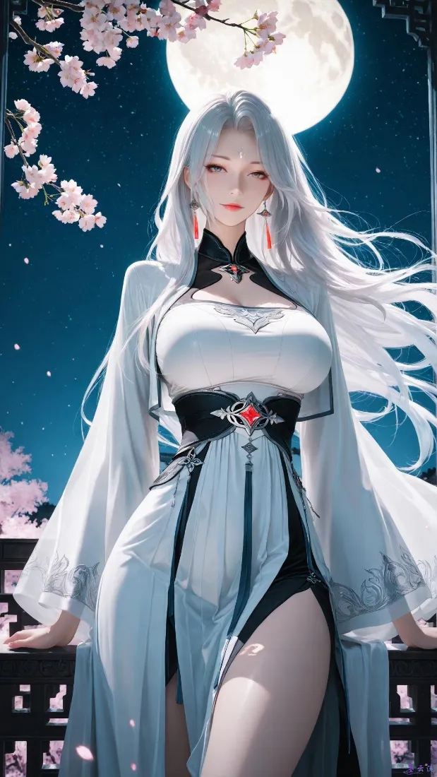 白发古风美女手机壁纸｜月夜樱花背景图片 - 手机「哲风壁纸」