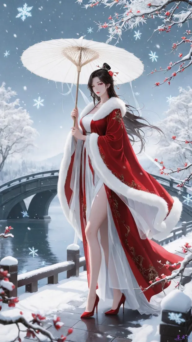 古风红衣女子手机壁纸｜冬日雪景背景图片 - 国风插画「哲风壁纸」