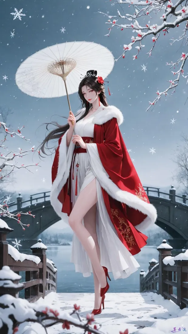 古风红衣美女手机壁纸｜冬季雪景背景图片 - 国风二次元「哲风壁纸」