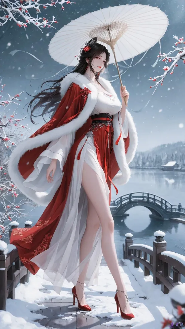 红衣古风美女手机壁纸｜冬日雪景背景图片 - 国风「哲风壁纸」
