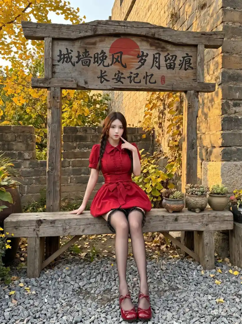 红衣美女手机壁纸｜秋日背景图片 - 长安城墙「哲风壁纸」