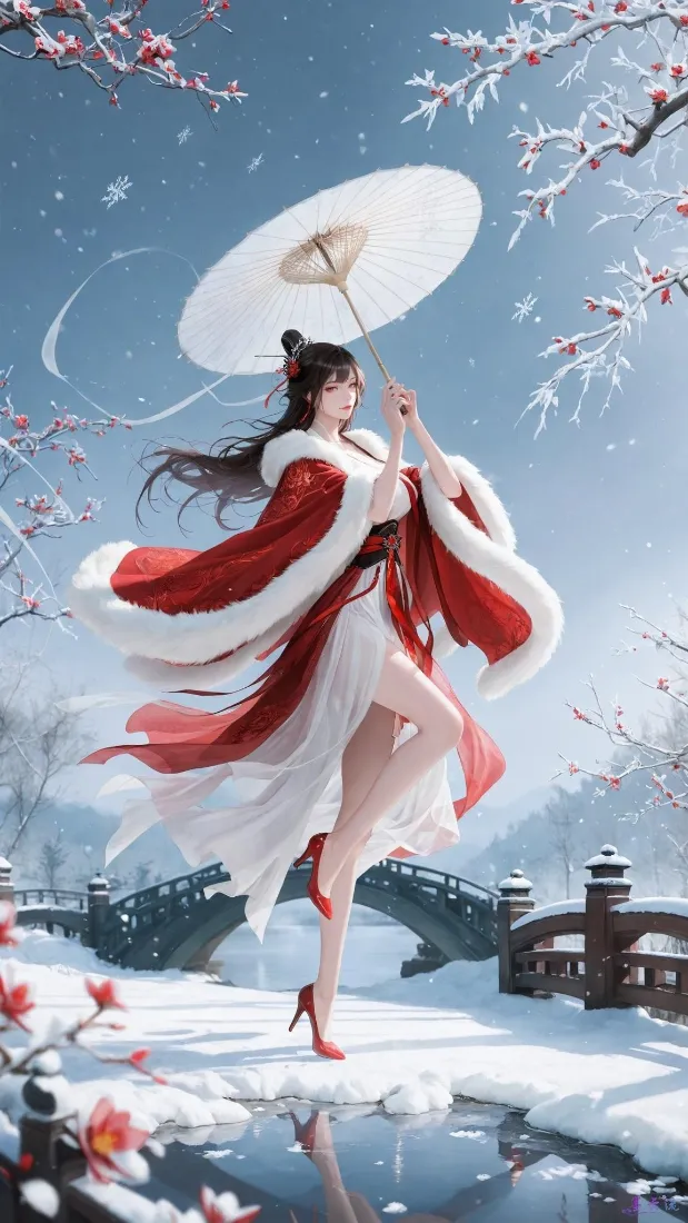 古风红衣女子手机壁纸｜冬日雪景背景图片 - 红梅映雪「哲风壁纸」