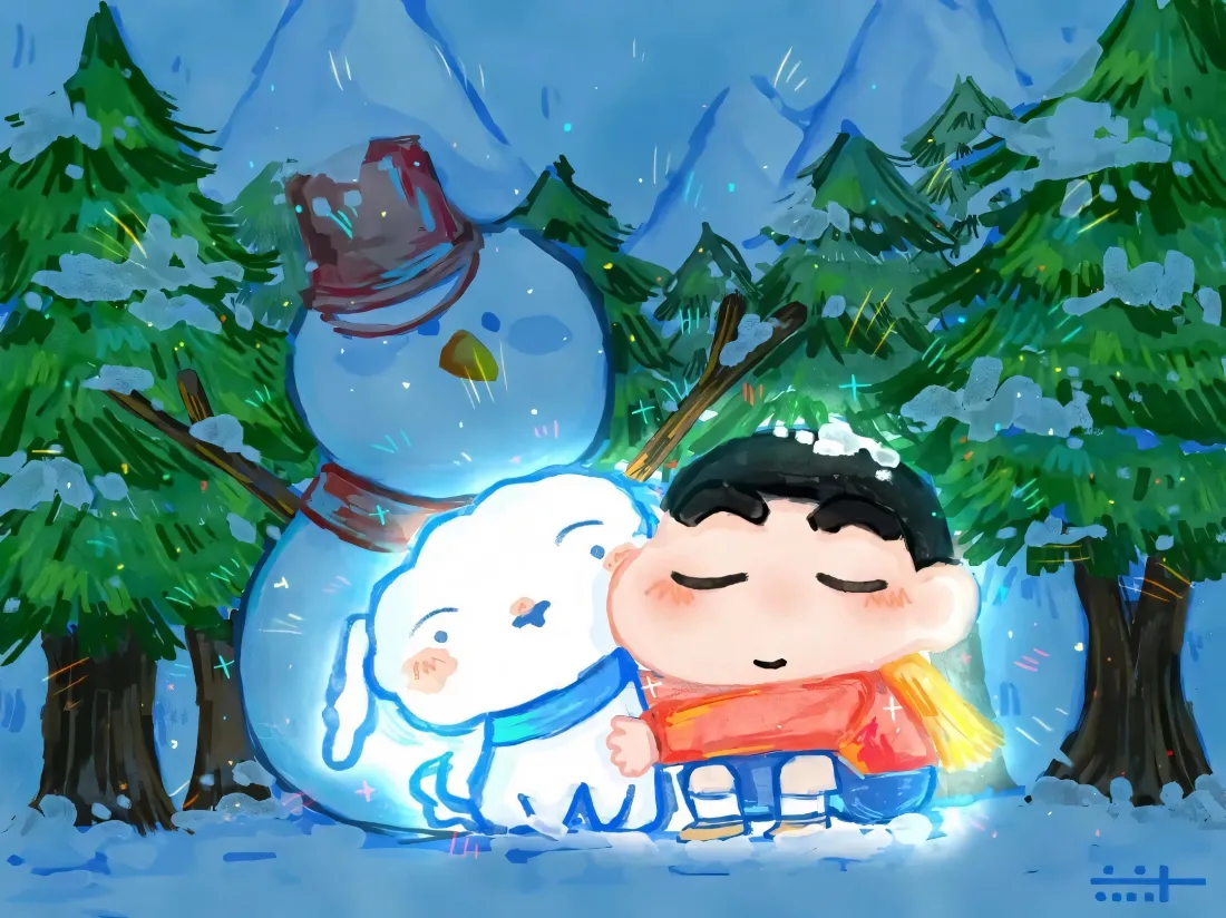 2k蜡笔小新壁纸｜冬季雪景背景图片 - 手绘线稿「哲风壁纸」