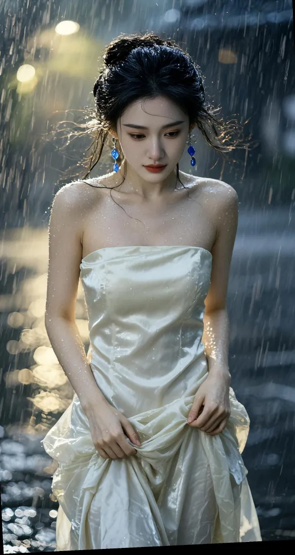 杨颖手机壁纸｜雨夜街道背景图片 - 抹胸白裙「哲风壁纸」