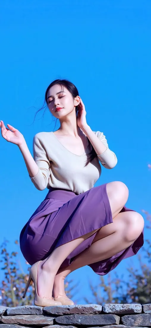 气质美女手机壁纸｜蓝天户外背景图片 - 紫色半裙「哲风壁纸」
