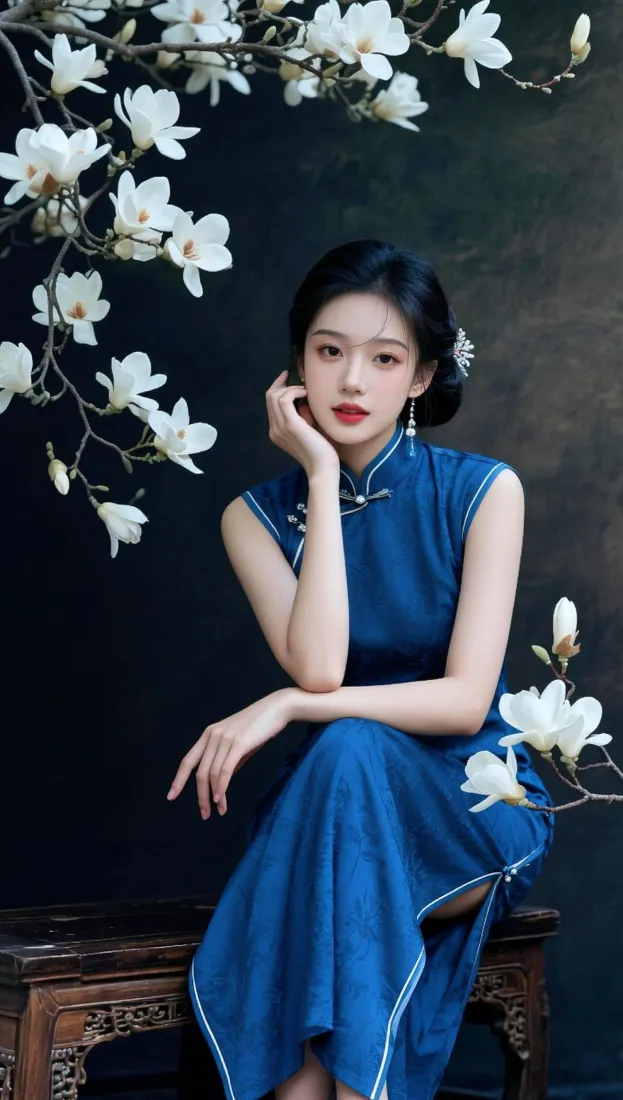 蓝色旗袍美女手机壁纸｜手机背景图片 - 玉兰花「哲风壁纸」
