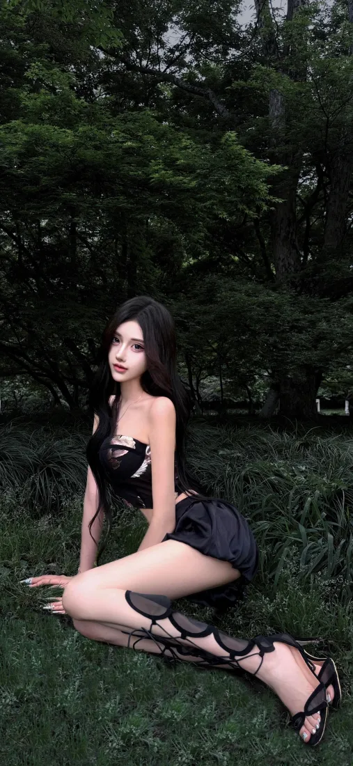 黑发辣妹手机壁纸｜户外背景图片 - 森林「哲风壁纸」