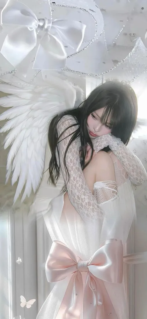 天使美女手机壁纸｜室内背景图片 - 白色翅膀「哲风壁纸」