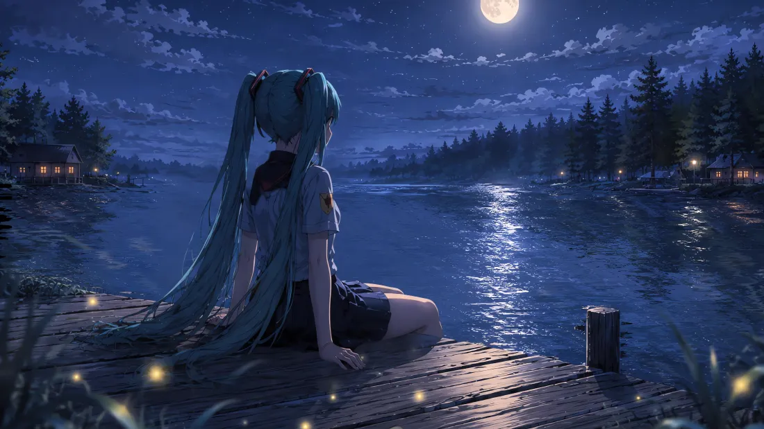 4k初音未来壁纸｜湖边月夜背景图片 - 静谧二次元夜景「哲风壁纸」