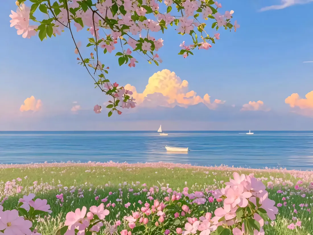 4k海棠花壁纸｜海边背景图片 - 春日花海「哲风壁纸」