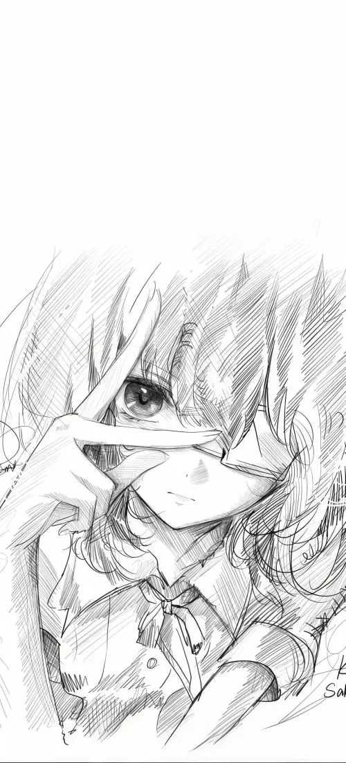 动漫少女手机壁纸｜黑白背景图片 - 手绘素描「哲风壁纸」