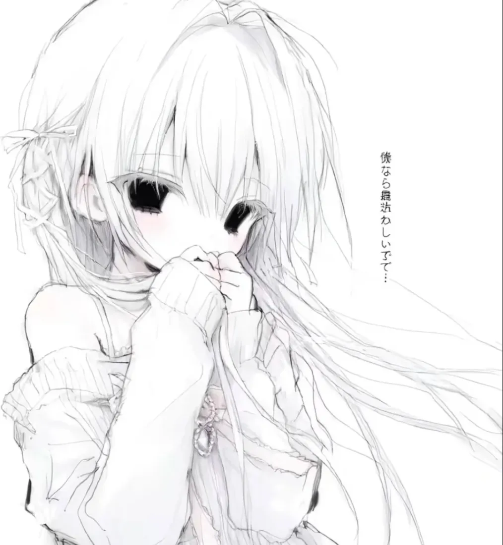 二次元少女手机壁纸｜手绘背景图片 - 黑白线稿「哲风壁纸」