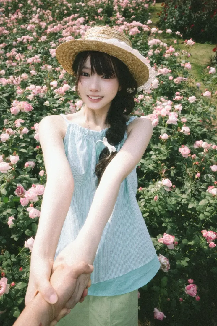 草帽少女手机壁纸｜蔷薇花丛背景图片 - 清新夏日「哲风壁纸」