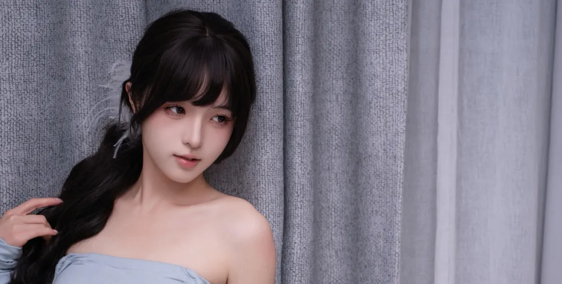 4k清纯美女壁纸｜灰色窗帘背景图片 - 平板适用「哲风壁纸」