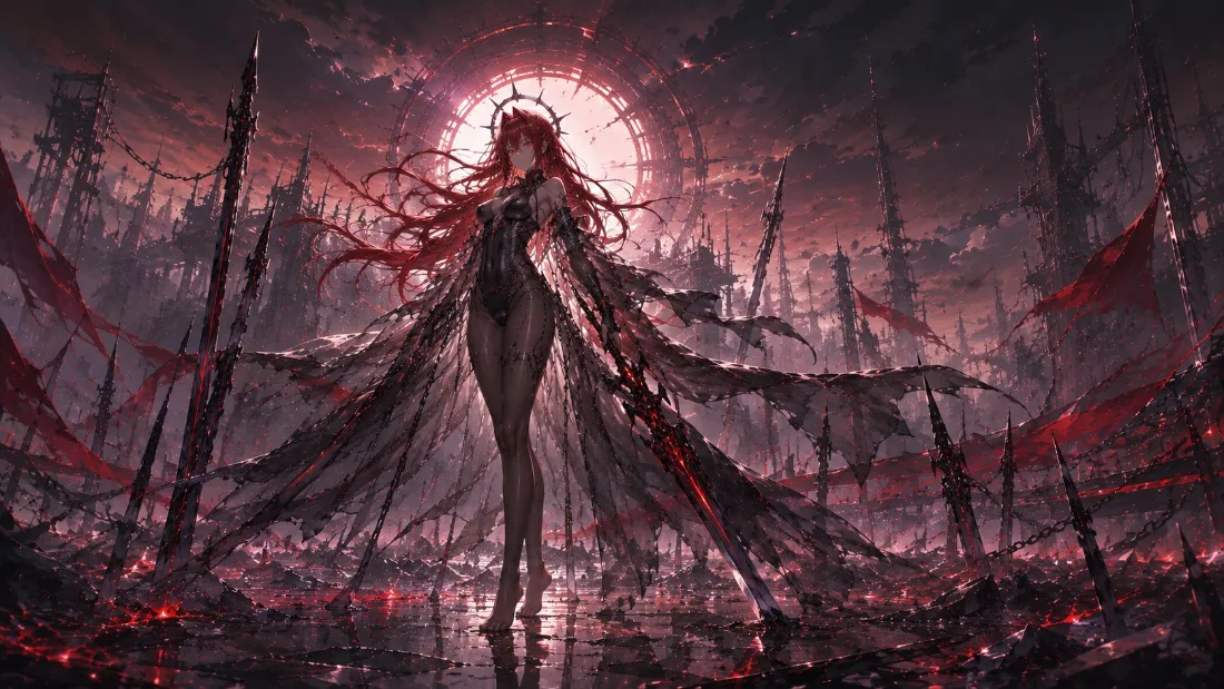 2k红发美少女壁纸｜血月废墟背景图片 - 暗黑二次元插画「哲风壁纸」