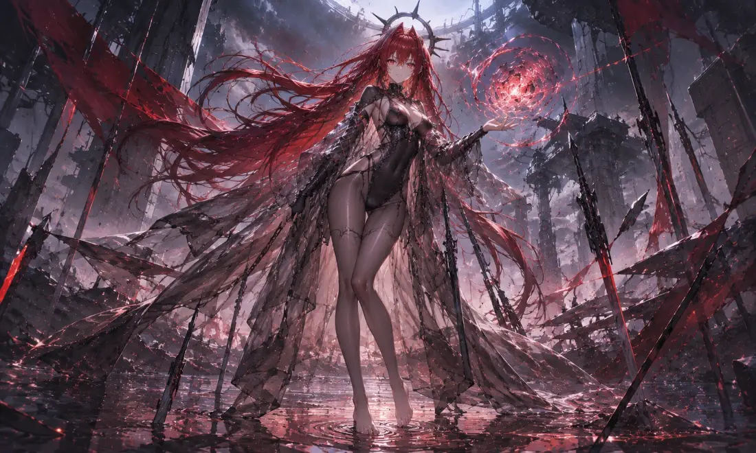 2k红发美少女壁纸｜暗黑废墟背景图片 - 二次元插画「哲风壁纸」