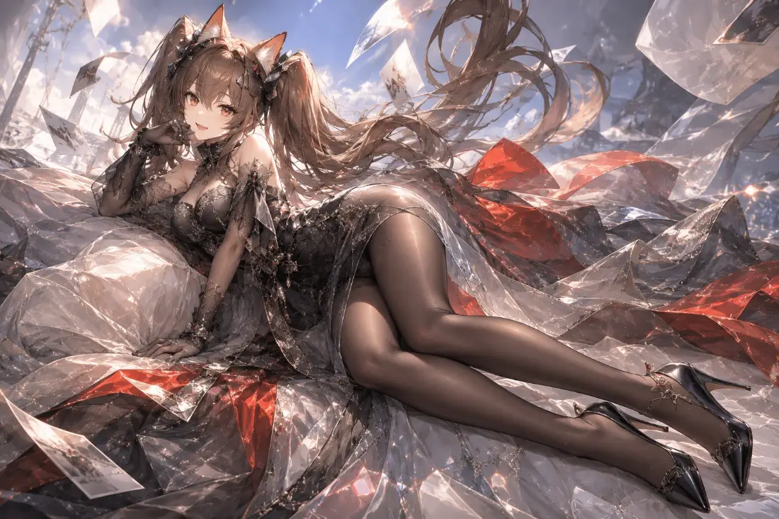 2k猫耳美少女壁纸｜废墟天空背景图片 - 黑丝高跟鞋「哲风壁纸」