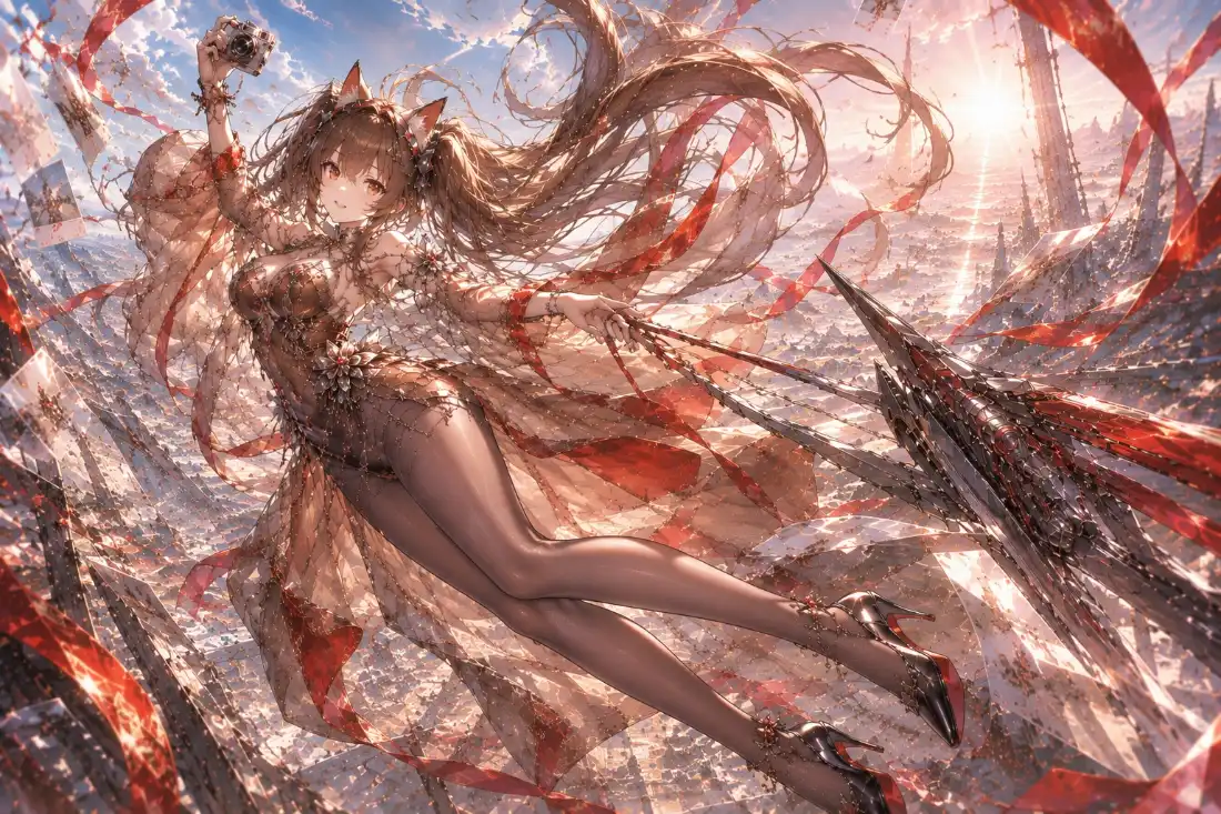 2k二次元美少女壁纸｜水面红绸背景图片 - 阳光长发插画「哲风壁纸」