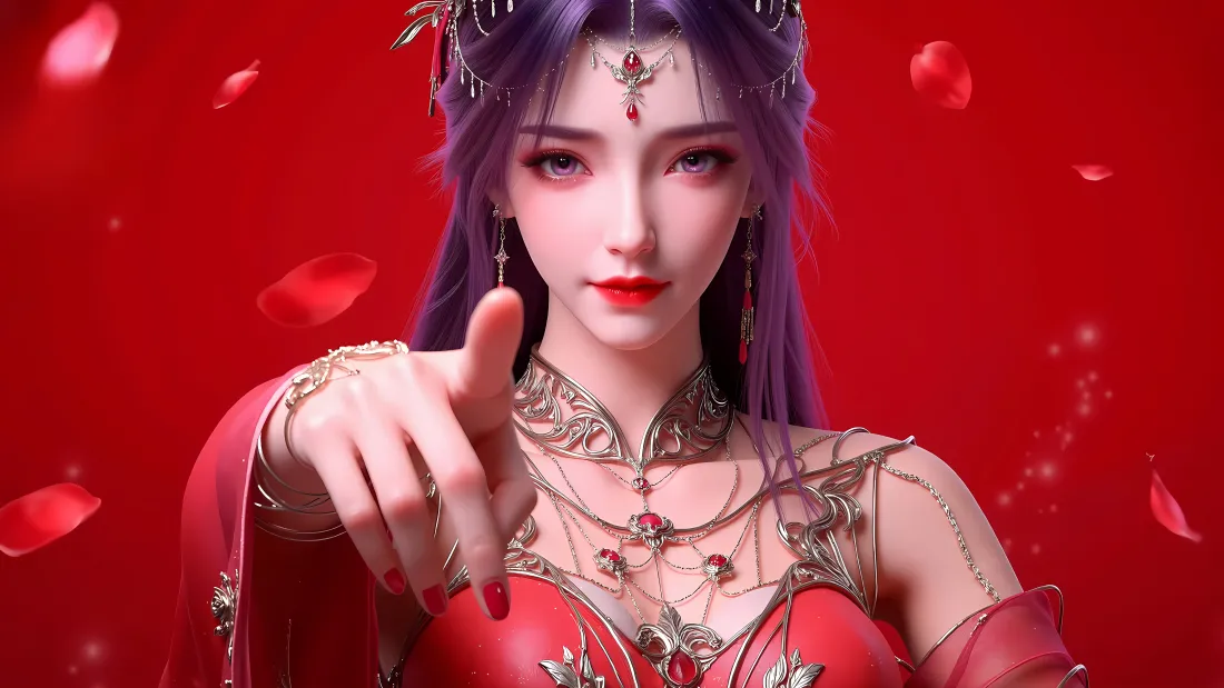 7k云曦壁纸｜红衣花瓣背景图片 - 完美世界国漫角色「哲风壁纸」