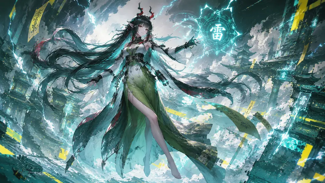 2k龙角美少女壁纸｜雷电云雾背景图片 - 古风二次元「哲风壁纸」