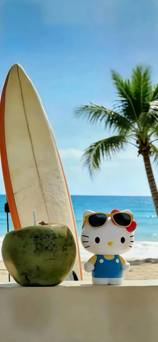 凯蒂猫手机壁纸｜夏日海边沙滩背景图片 - 冲浪板椰树椰子「哲风壁纸」