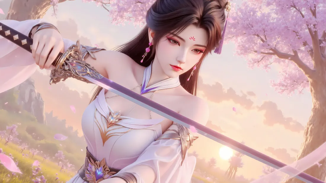 8k梦可儿壁纸｜古风桃花背景图片 - 玄幻持剑女侠「哲风壁纸」