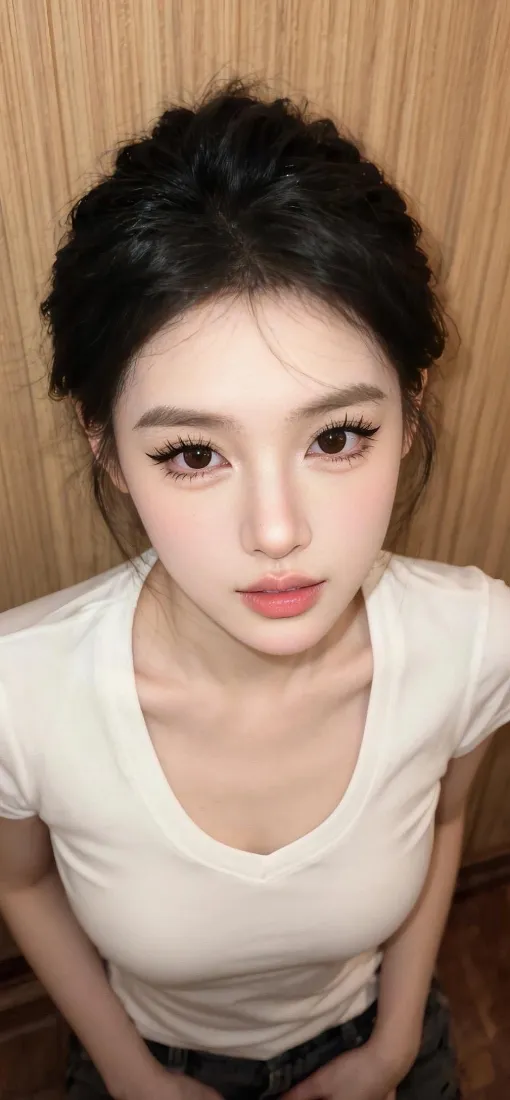 美女手机壁纸｜白色V领上衣背景图片 - 卷发氛围感室内人像「哲风壁纸」