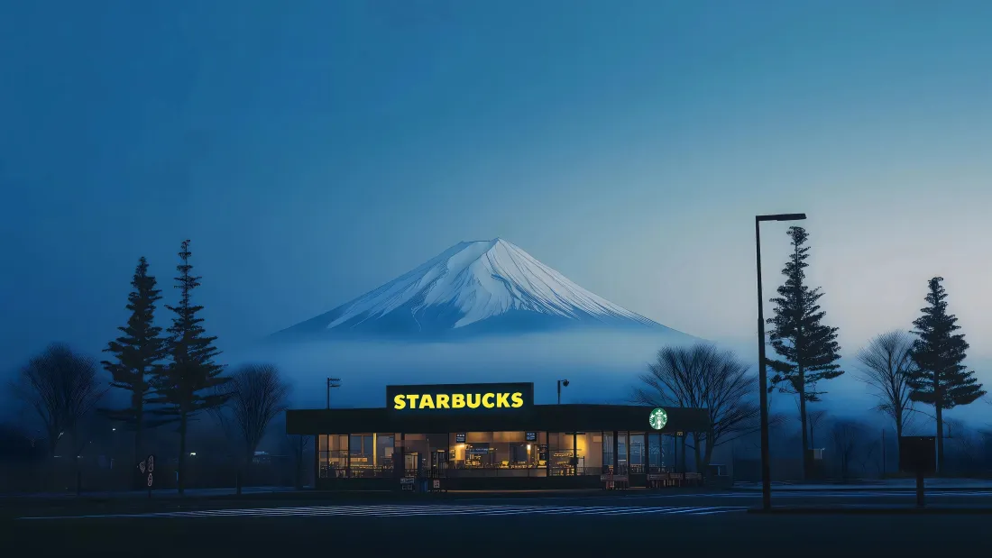 4k富士山壁纸｜星巴克门店背景图片 - 清冷质感风景「哲风壁纸」
