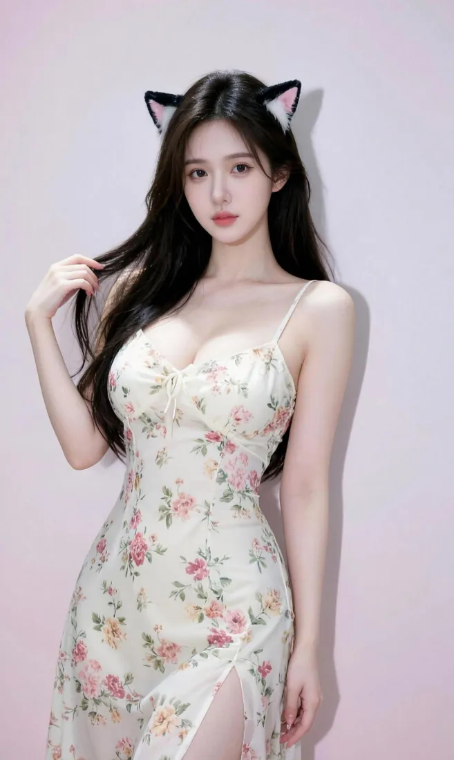 猫耳美女手机壁纸｜碎花吊带裙背景图片 - 氛围感人像「哲风壁纸」