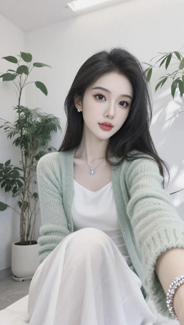 长发气质美女手机壁纸｜室内绿植背景图片 - 清新氛围感「哲风壁纸」