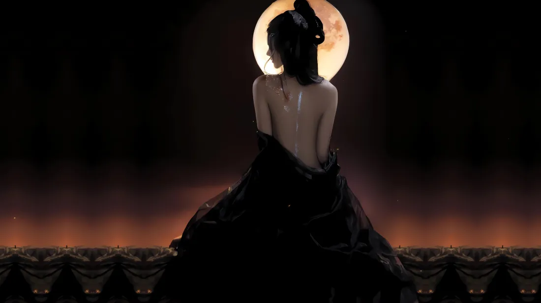 4k美背古风少女壁纸｜月夜暗调背景图片 - 氛围感人像「哲风壁纸」