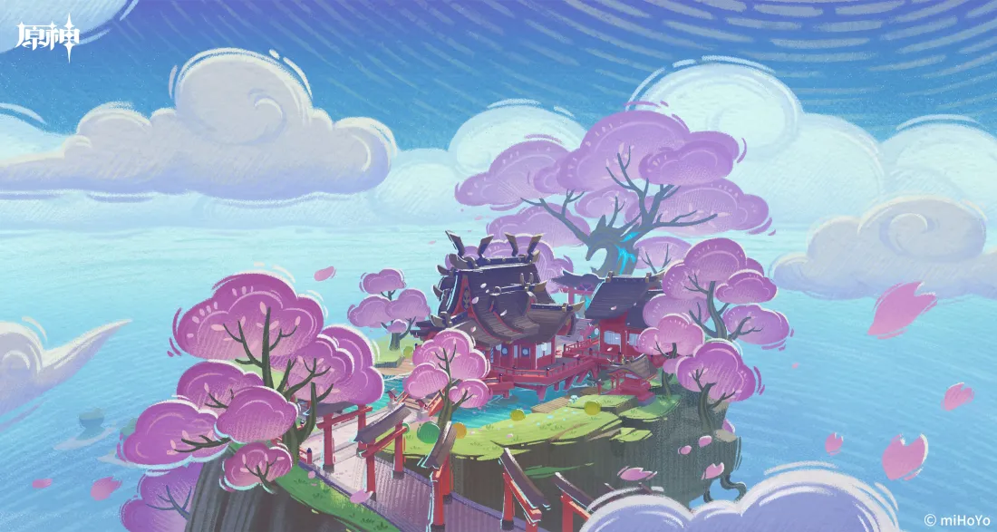 3k原神壁纸｜稻妻鸣神岛背景图片 - 樱花浮空神社景致「哲风壁纸」