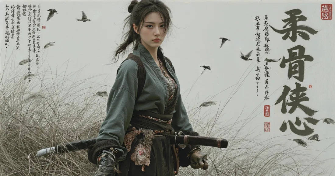 3k柔骨侠心侠女壁纸｜国风武侠背景图片 - 芦苇飞鸟书法「哲风壁纸」