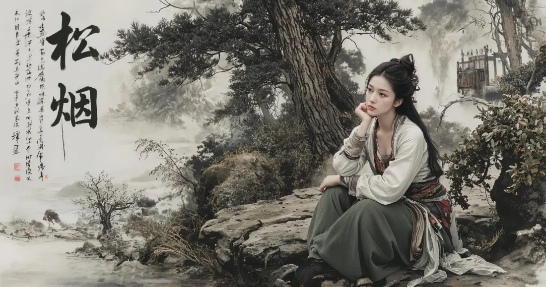 3k古风汉服美女壁纸｜水墨松烟山林背景图片 - 国风写真「哲风壁纸」